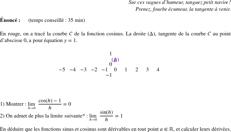   \Large  \begin{flushright} \textit{Sur ces vagues d'humeur, tanguez petit navire !\\ Prenez, fourbe écumeur, la tangente à venir.} \end{flushright}  \textbf{Énoncé:}~~~~~~(temps conseillé : 35 min)\\  En rouge, on a tracé la courbe $\mathcal{C}$ de la fonction cosinus. La droite $(\Delta)$, tangente de la courbe $\mathcal{C}$ au point d'abscisse $0$, a pour équation $y = 1$.  \begin{center} \begin{pspicture}(-5,-1.5)(5,1.5) \psset{xunit=1 cm, algebraic=true} \psaxes{->}(0,0)(-5,-1.5)(5,1.5) \psplot[linecolor=red,linewidth=1.5pt]{-5}{5}{cos(x)} \psline[linecolor=blue](-5,1)(5,1) \uput[u](4,1.1){\color{blue}$(\Delta)$} \uput[u](3,-1.7){\color{red}$\mathcal{C}$} \end{pspicture} \end{center}~~\\  1) Montrer : $\underset{h \rightarrow 0}{\lim}~~\dfrac{\cos(h) - 1}{h} = 0$  2) On admet de plus la limite suivante* : $\underset{h \rightarrow 0}{\lim}~~\dfrac{\sin(h)}{h} = 1$\\  En déduire que les fonctions sinus et cosinus sont dérivables en tout point $a \in \mathbb{R}$, et calculer leurs dérivées.  